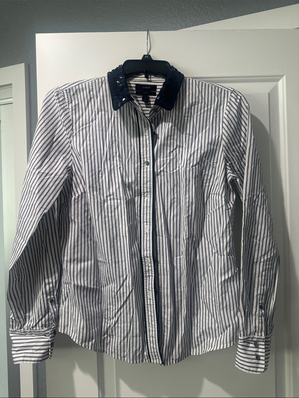 J Crew Navy Stripe Cotton Button-Down Shirt with Contrast Collar